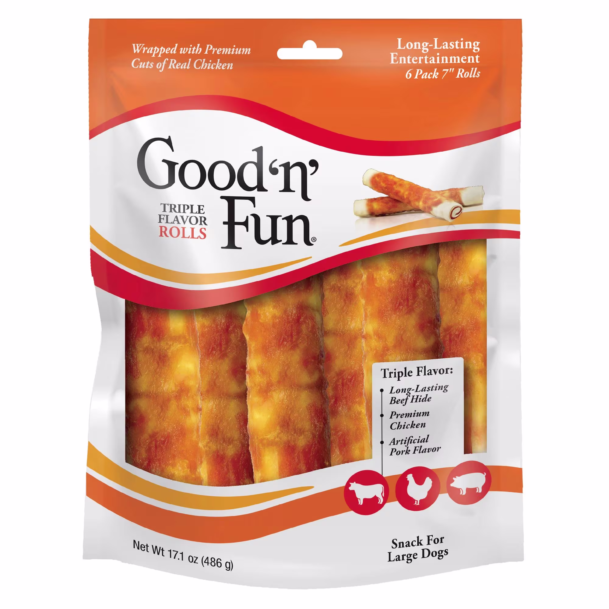GOOD N' FUN Triple Flavor Rolls Rawhide Chews for Large Dogs, 17.1 oz ...