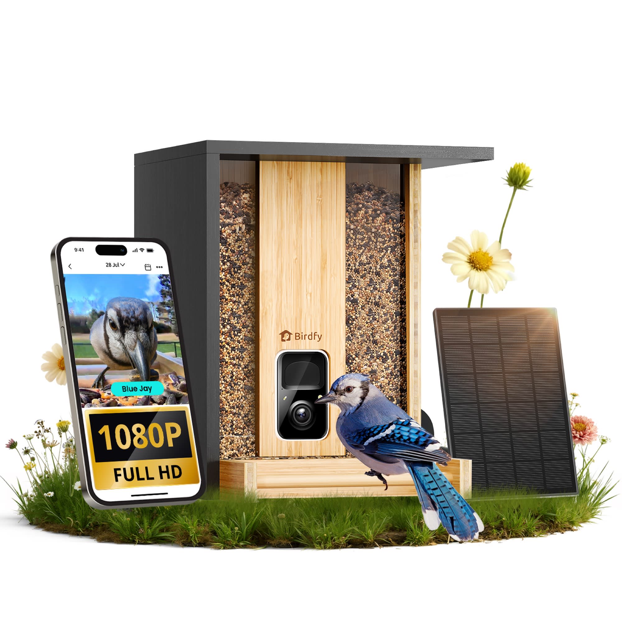 Birdfy Black Bamboo Smart Bird Feeder with Camera Solar Powered