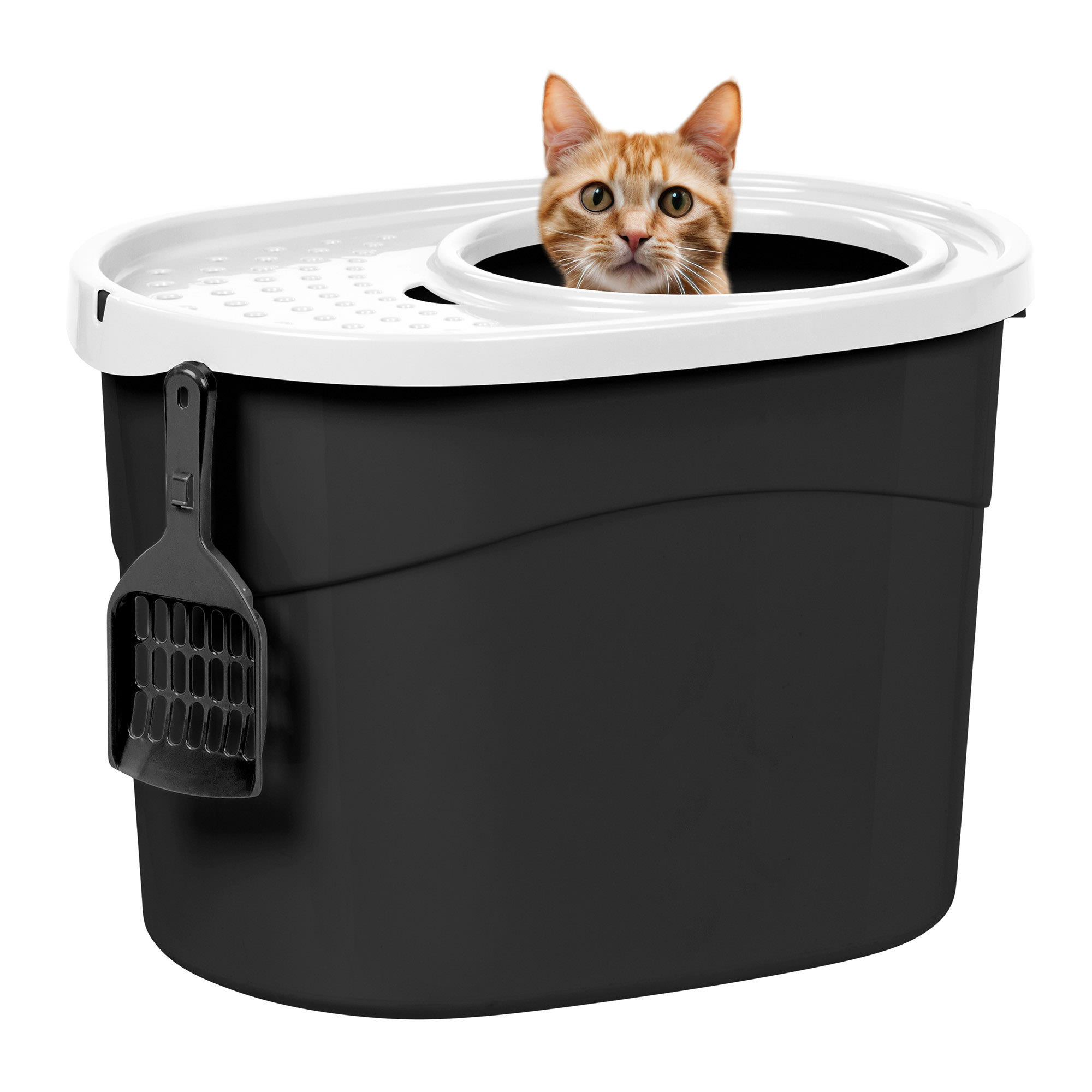 Iris Round Top Entry Cat Litter Box & Scoop, Black/White, Large