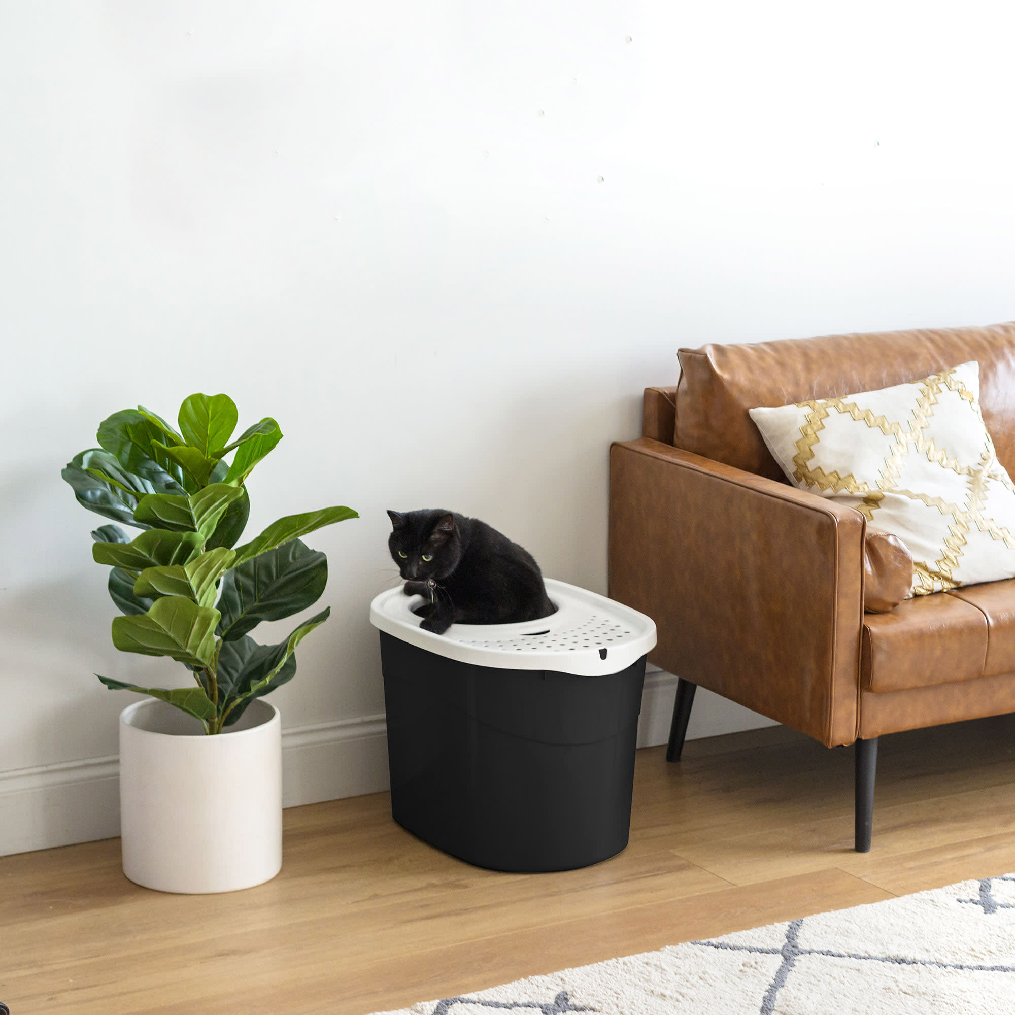 Iris Round Top Entry Cat Litter Box & Scoop, Black/White, Large