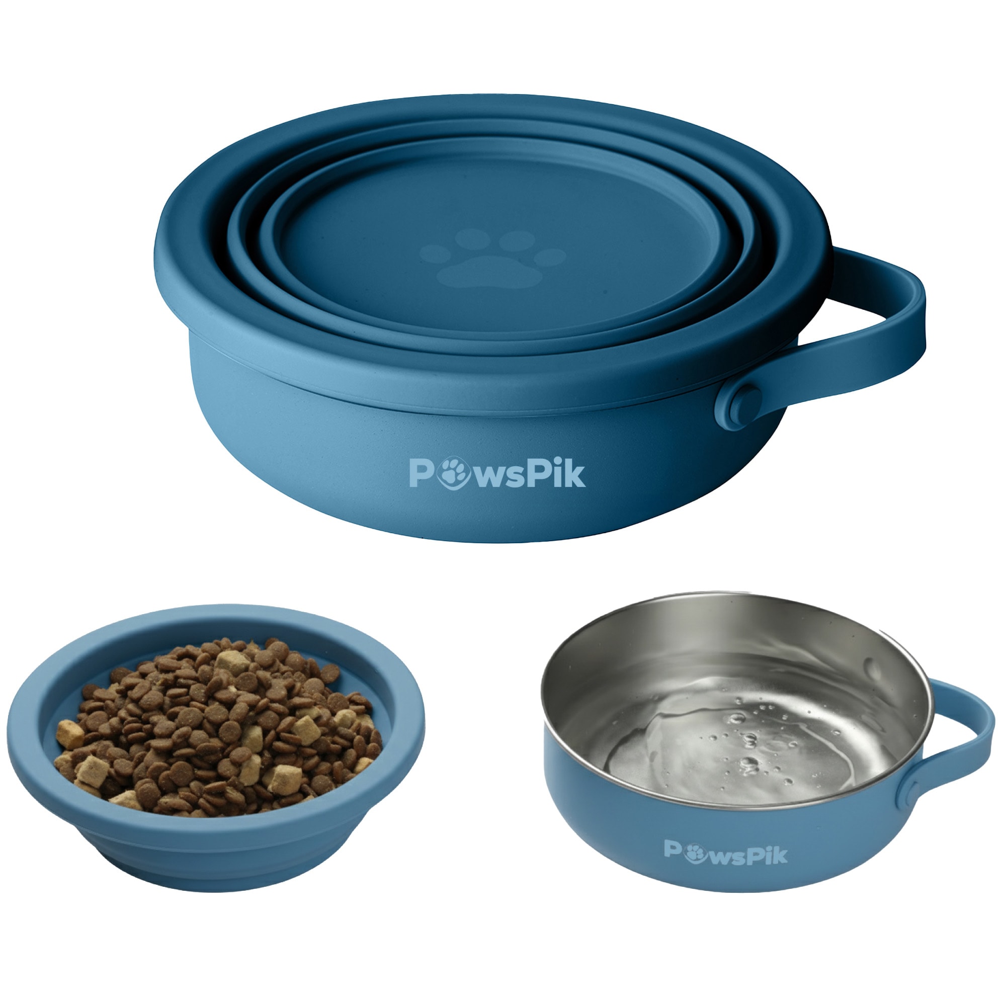 PawsPik 2-in-1 18/8 Stainless Steel & Silicone Dog & Cat Travel Bowl, Midnight Summit Blue, Small