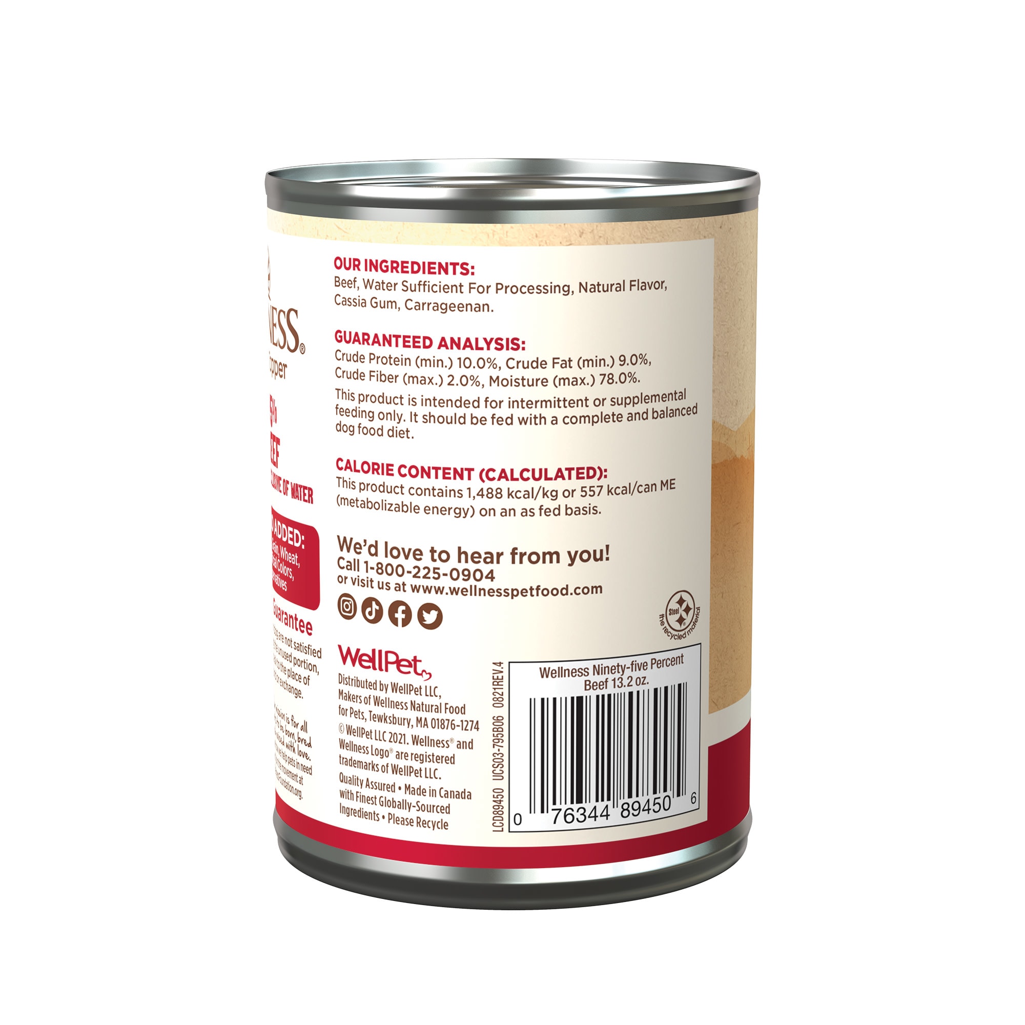 Wellness 95% Beef Natural Grain Free Recipe Wet Dog Food, 13.2 oz