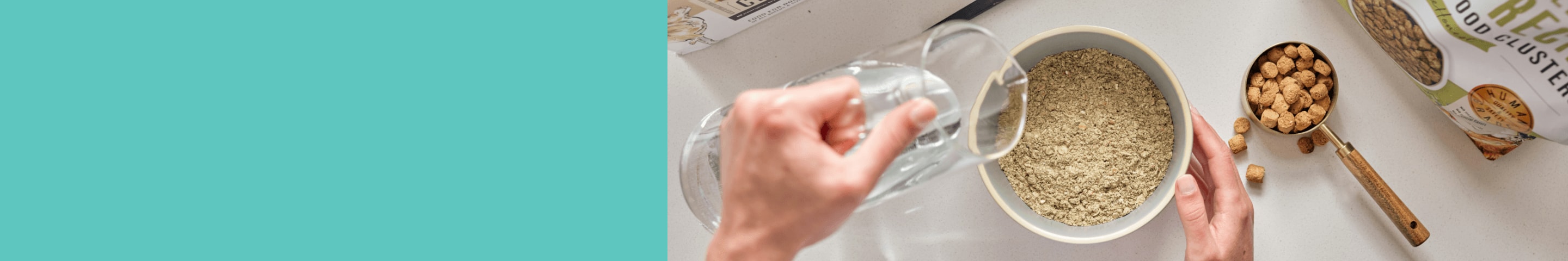 A woman in the kitchen pouring water into her pet’s bowl filled with The Honest Kitchen food in it.