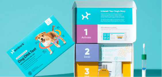 Closed Dog DNA Test box next to an open box featuring the 3-step instructions and test swab.