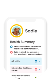 Sadie’s health summary reports Sadie inherited and is at risk of variants you should learn more about