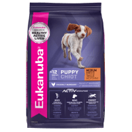 A bag of dry puppy food for a medium puppy