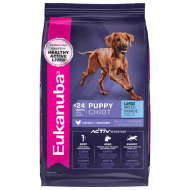 A bag of dry puppy food for a large puppy