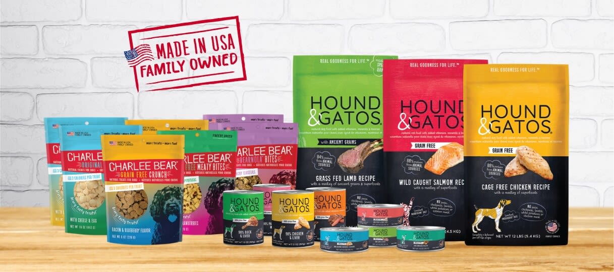 Assorted Hound and Gatos and Charlee Bear product packages. Made in USA, family owned.