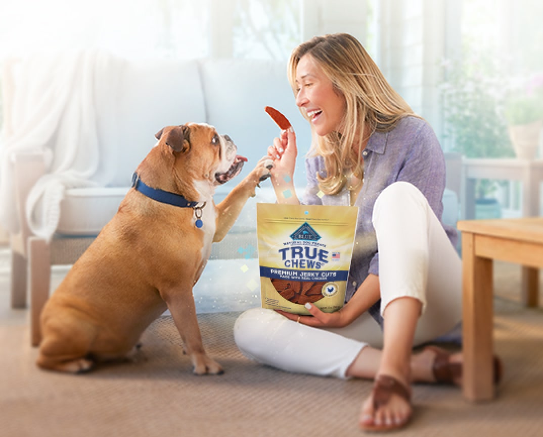 Woman and dog sitting on floor while woman holds a pack of Blue Buffalo True Chews Premium Jerky Cuts.