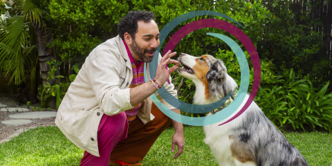 R X badge. Dog running through hoop.