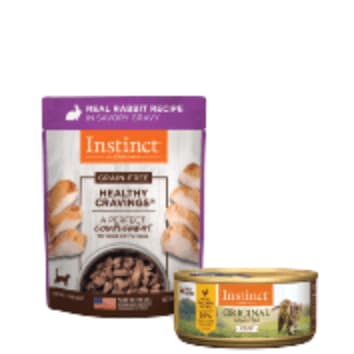 A bag and can of Instinct wet cat food