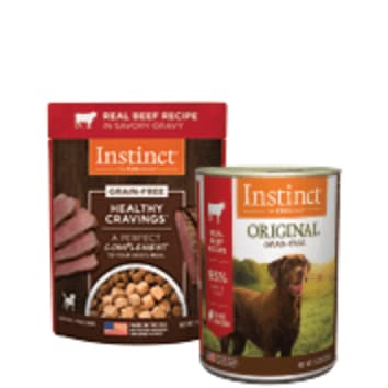 A bag and can of Instinct wet dog food