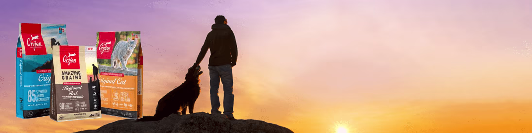 A man and his dog watching the sunset. Pack shots of Orijen food.