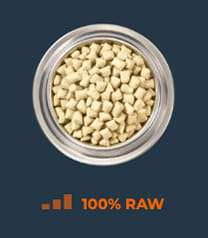 Image of dog food and a full bar graph. 100 percent raw nutrition.