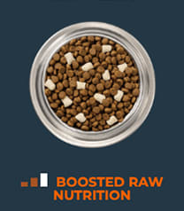 Image of dog food and a bar graph with two filled bars and one empty bar. Boosted raw nutrition.
