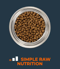 Image of dog food and a bar graph with one filled bar and two empty bars. Simple raw nutrition.