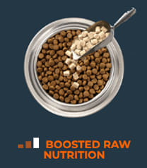 Image of dog food and a bar graph with two filled bars and one empty bar. Boosted raw nutrition.
