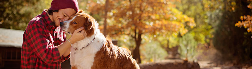 Dog and pet parent in fall background