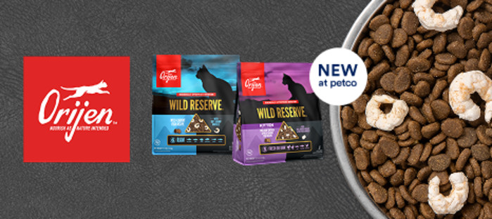 Orijen logo with 2 bags of food and a food bowl with dog kibble and shrimp on top.