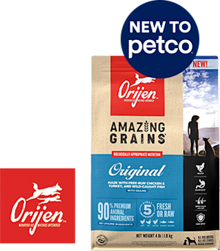 Orijen Amazing Grains. New to Petco. Bags of Orijen's Amazing Grains dog food.