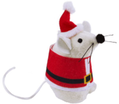 A white toy mouse in a Santa Clause costume.