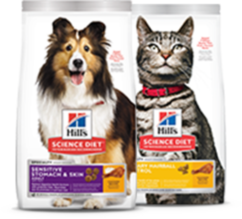 Bags of Hill's Science Diet dog and cat food.