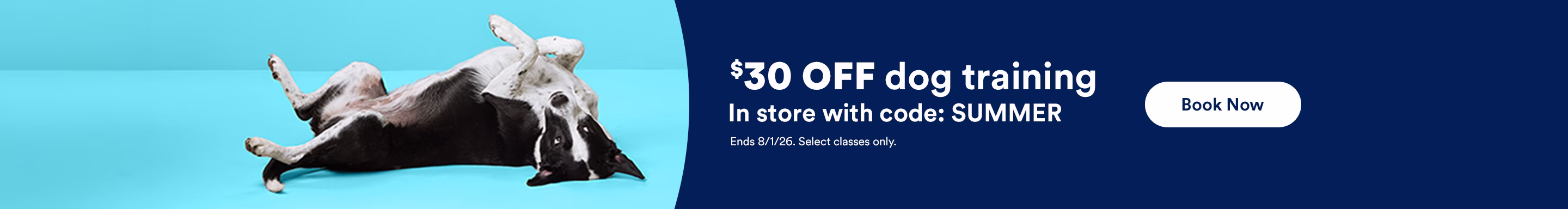 $30 OFF dog training in store with code: SUMMER. Ends 8/1/26. Select classes only. Book now.