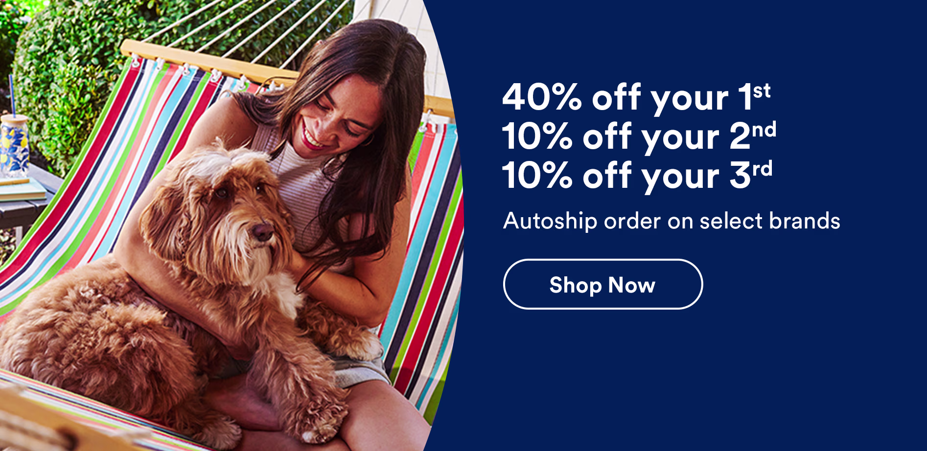 40% off your 1st, 10% off your 2nd & 10% off your 3rd Autoship order on select brands. Shop now. See details.