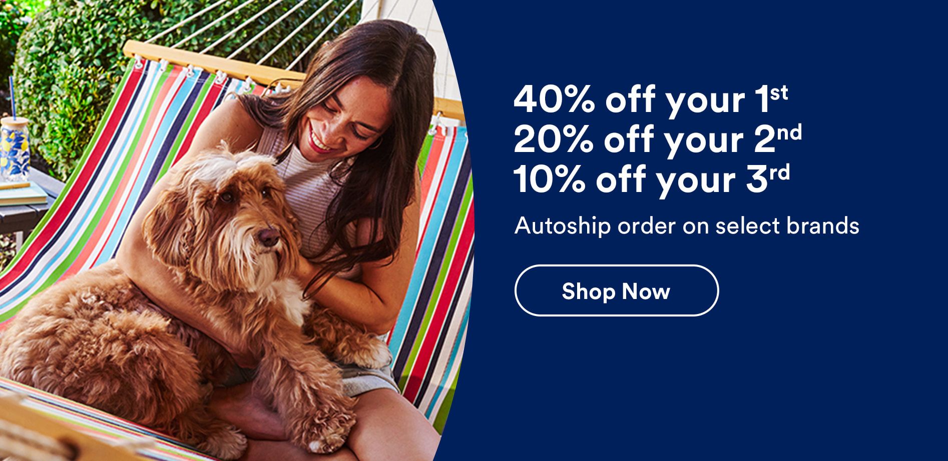 40% off your 1st, 20% off your 2nd & 10% off your 3rd Autoship order on select brands. Shop now. See details.