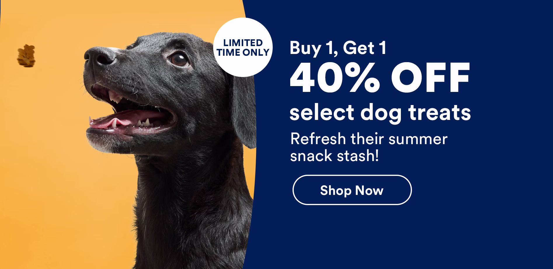 Limited time only. Buy 1, get 1 40% off select dog treats. Refresh their summer snack stash! Shop now.