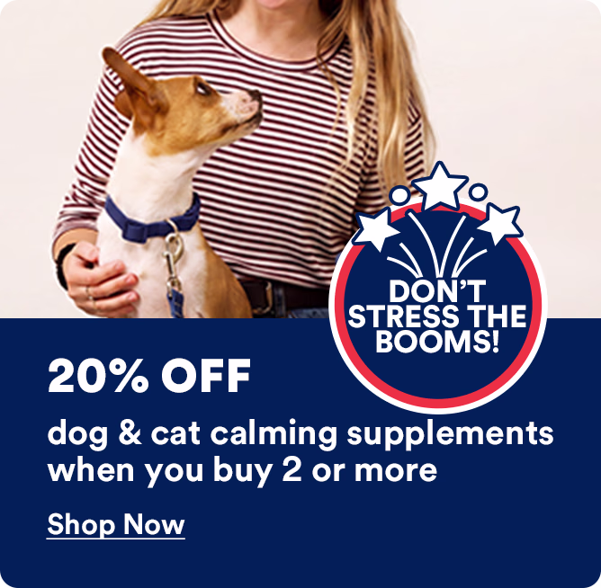 Don't stress the booms! 20% off dog & cat calming supplements when you buy 2 or more. Shop now.