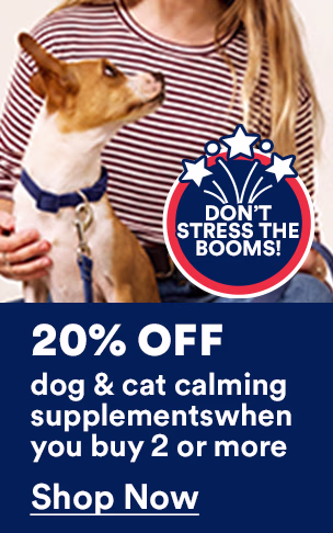 Don't stress the booms! 20% off dog & cat calming supplements when you buy 2 or more. Shop now.