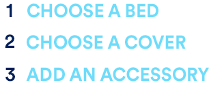 1. Choose a Bed. 2. Choose a Cover. 3. Add an accessory.