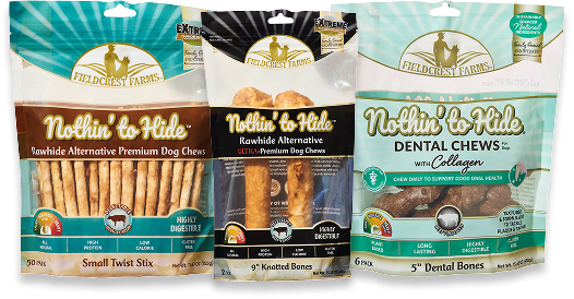 Fieldcrest Farms premium dog chews. Nothin' to hide.