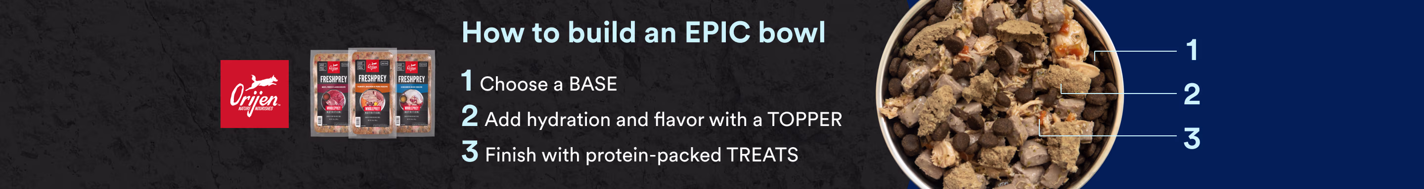How to build an EPIC bowl. 1. Choose a base. 2. Add hydration and flavor with a topper. 3. Finish with protein-packed treats.