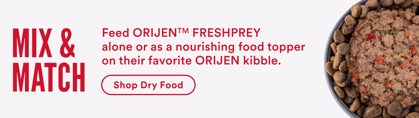 Feed ORIJENTM FRESHPREY alone or as a nourishing food topper on their favorite ORIJEN kibble.
