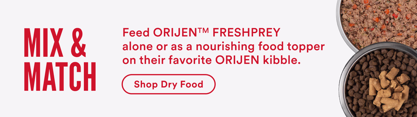 Feed ORIJENTM FRESHPREY alone or as a nourishing food topper on their favorite ORIJEN kibble.