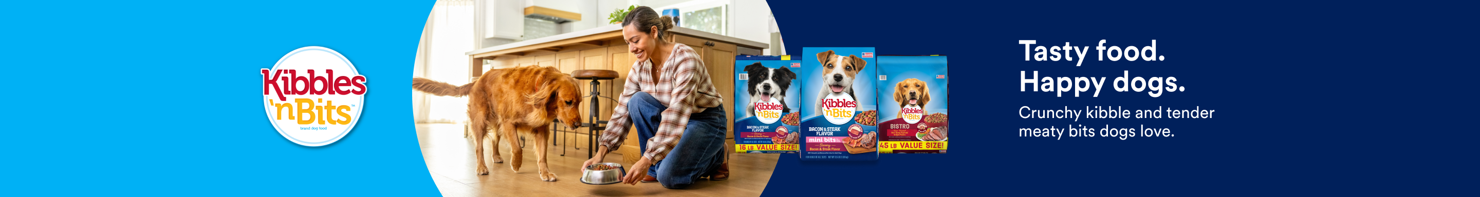 Tasty food. Happy dogs. Crunchy kibble and tender meaty bits dogs love.
