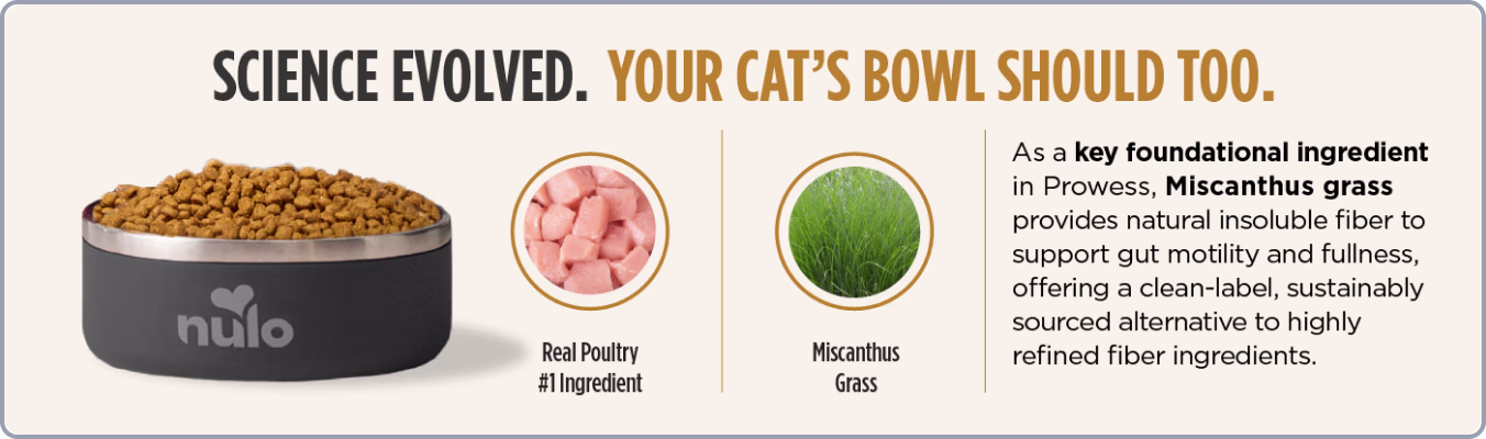 Science Evolved. Your Cat's Bowl Should Too. Real Poultry #1 Ingredient. Miscanthus Grass. As a key foundational ingredient in Prowess, Miscanthus Grass provides natural insoluble fiber to support gut motility and fullness, offering a clean-label, sustainably sourced alternative to highly refined fiber ingredients.