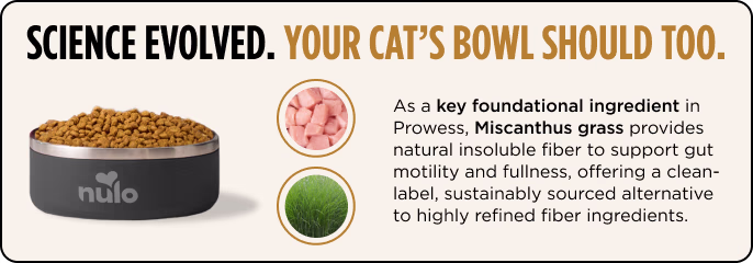Science Evolved. Your Cat's Bowl Should Too. Real Poultry #1 Ingredient. Miscanthus Grass. As a key foundational ingredient in Prowess, Miscanthus Grass provides natural insoluble fiber to support gut motility and fullness, offering a clean-label, sustainably sourced alternative to highly refined fiber ingredients.