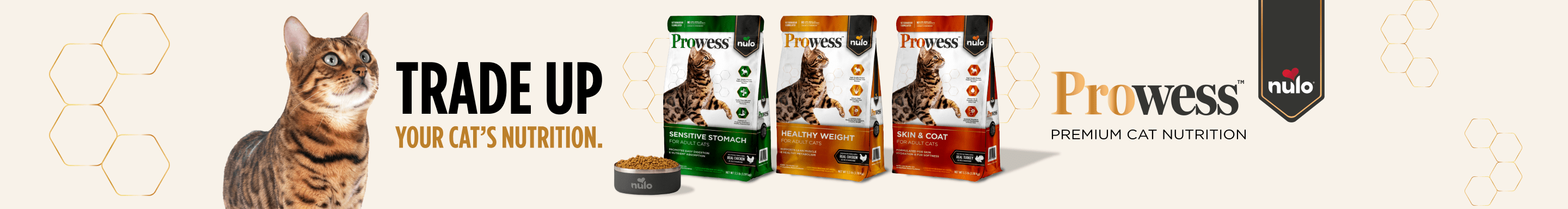 Trade Up Your Cat's Nutrition. Prowess Premium Cat Nutrition. Nulo.