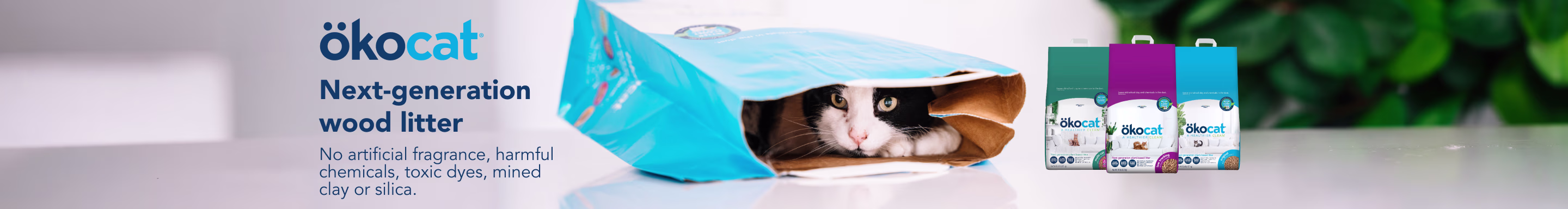 Okocat. Next-generation wood litter. No artificial fragrance, harmful chemicals, toxic dyes, mined clay or silica.