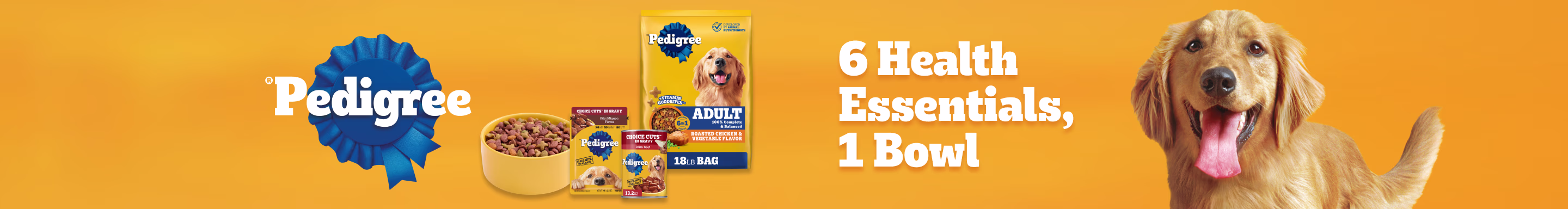 Pedigree. 6 Health Essentials, 1 Bowl.
