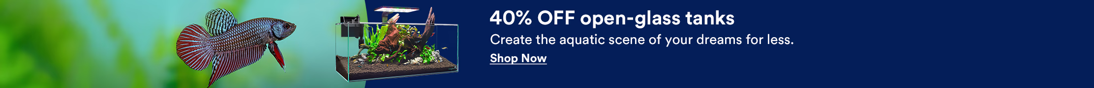 40% OFF open-glass tanks. Create the aquatic scene of your dreams for less—online only until 10/4! Shop now. Online only. Price may vary in store.