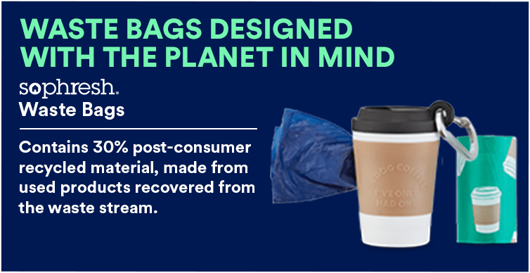 So Phresh Waste Bags. Contains 30% post-consumer recycled material, made from used products recovered from the waste stream.